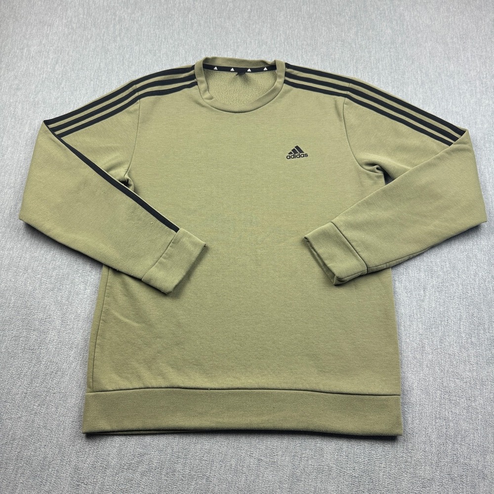 Adidas Sweatshirt Mens Medium Green Prime Green Striped Crewneck Pullover Fleece